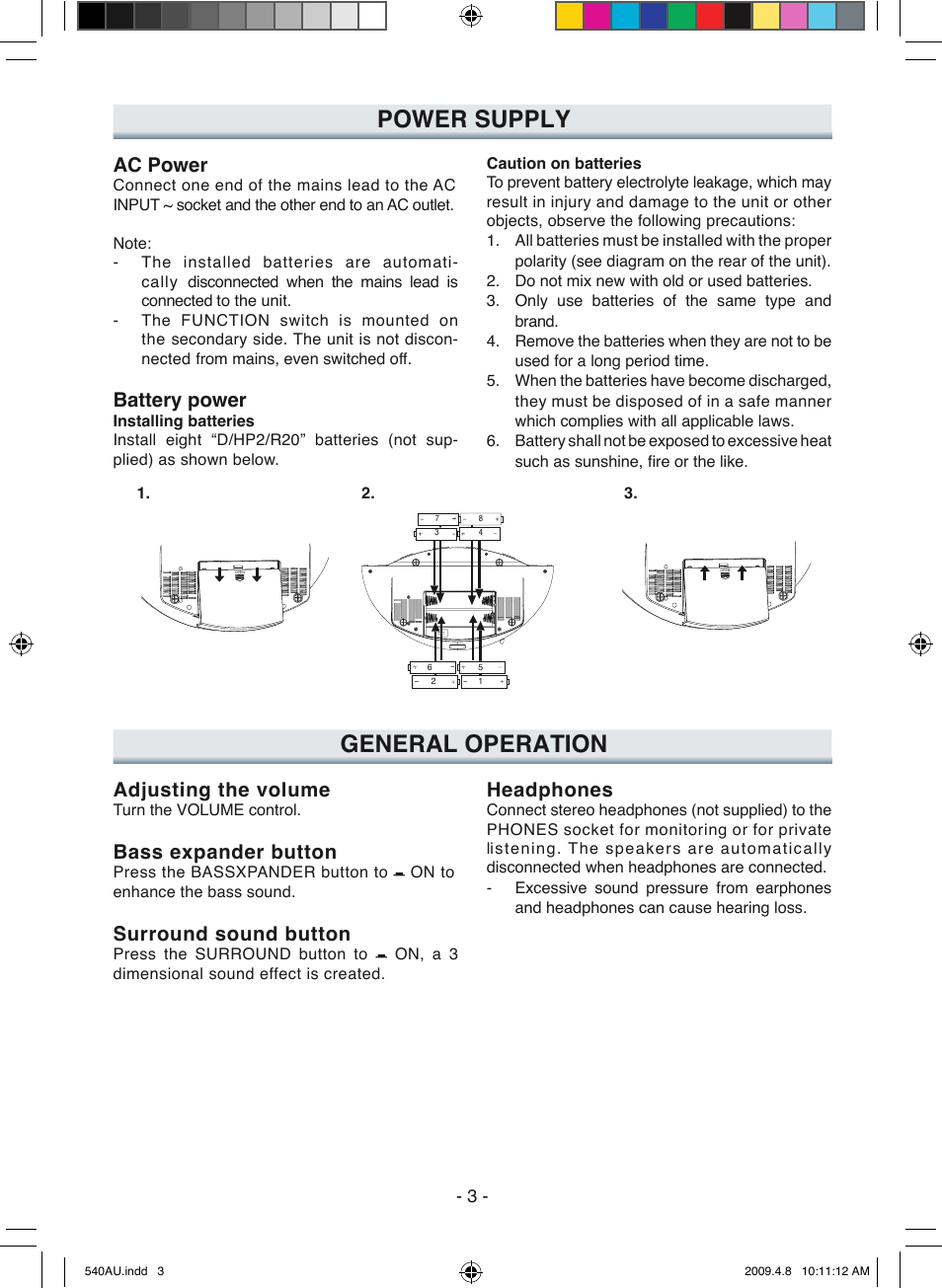 Power supply, General operation, Ac power | Battery power, Adjusting the volume, Bass expander button, Surround sound button, Headphones | Sanyo MCD-ZX541F User Manual | Page 4 / 10