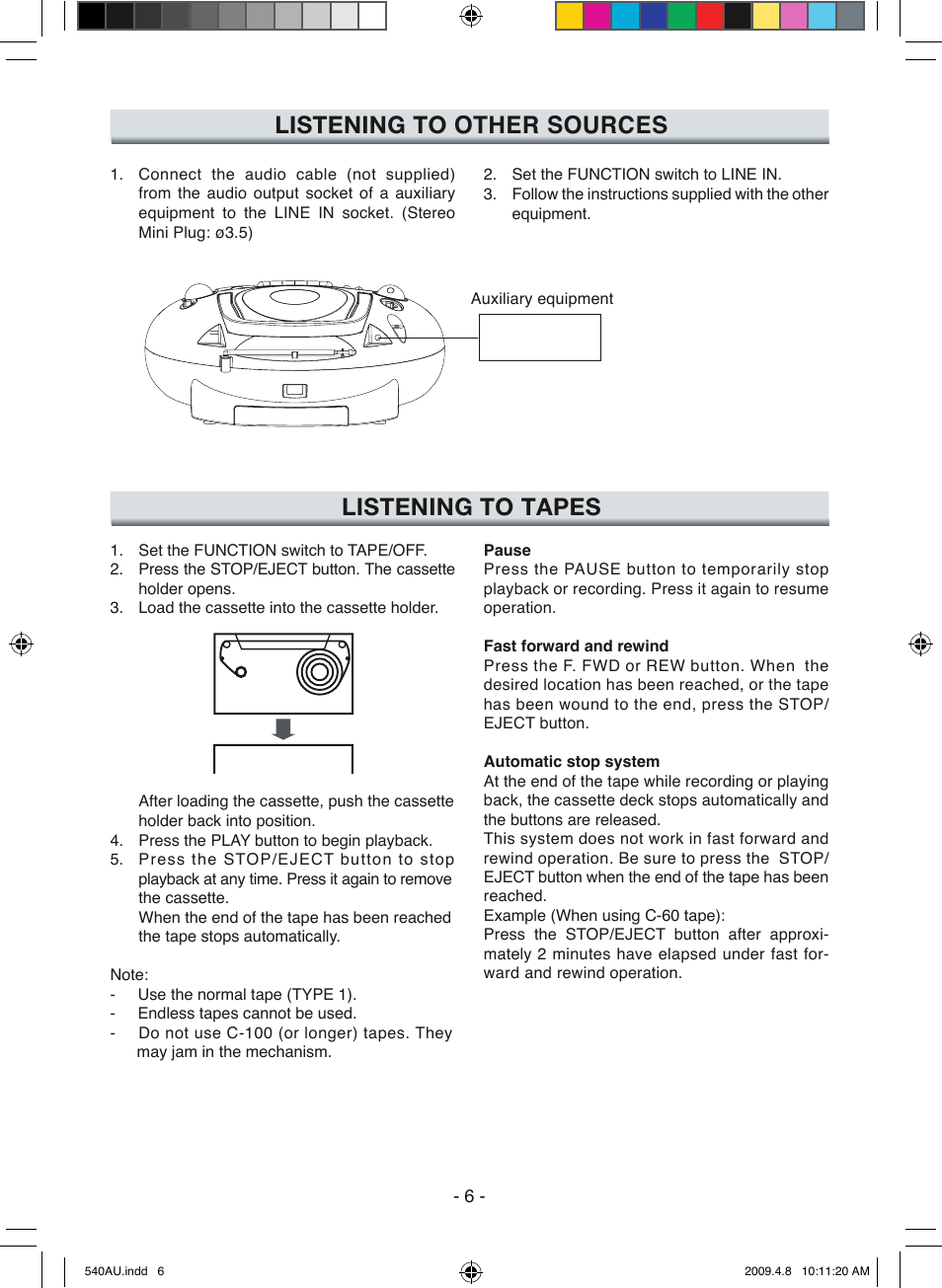Listening to other sources, Listening to tapes | Sanyo MCD-ZX541F User Manual | Page 7 / 10