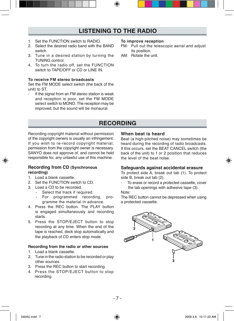 Listening to the radio, Recording | Sanyo MCD-ZX541F User Manual | Page 8 / 10