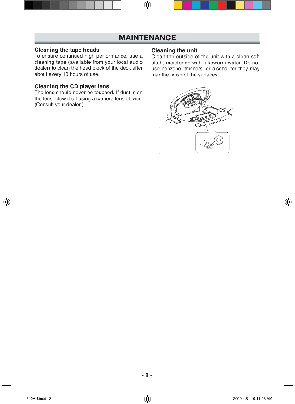 Maintenance | Sanyo MCD-ZX541F User Manual | Page 9 / 10