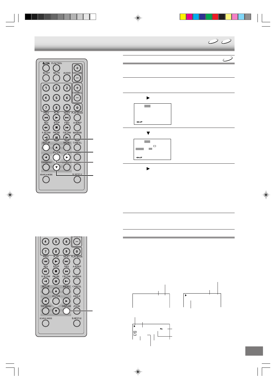Setting on screen display/status display of disc, Setting on screen display, Status display of disc | Display | Sanyo DVD-L70 User Manual | Page 33 / 56