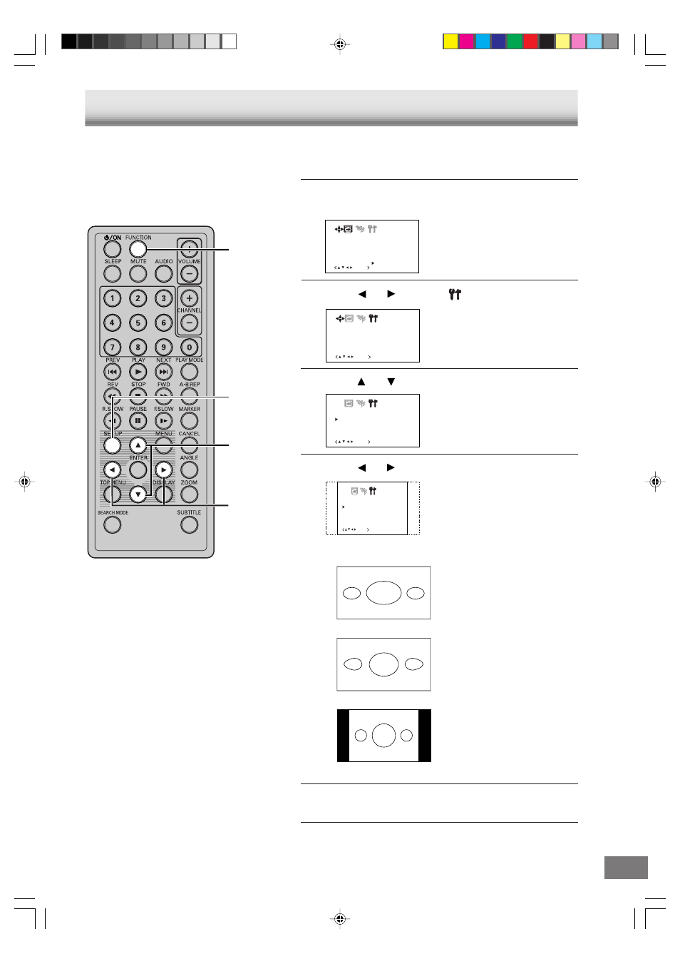 Setting the aspect ratio of tv screen, Function, Press [ ] or [ ] to select “screen size | Sanyo DVD-L70 User Manual | Page 49 / 56