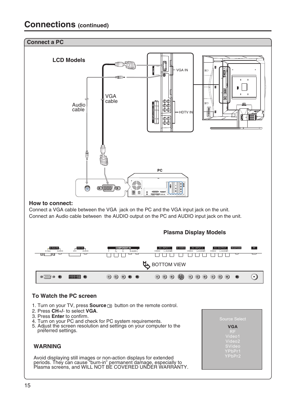 Connections, Connect a pc, Continued) how to connect | 15 warning, Plasma display models, Lcd models, Audio cable vga cable, Bottom view | Sanyo AVL-328 User Manual | Page 18 / 44