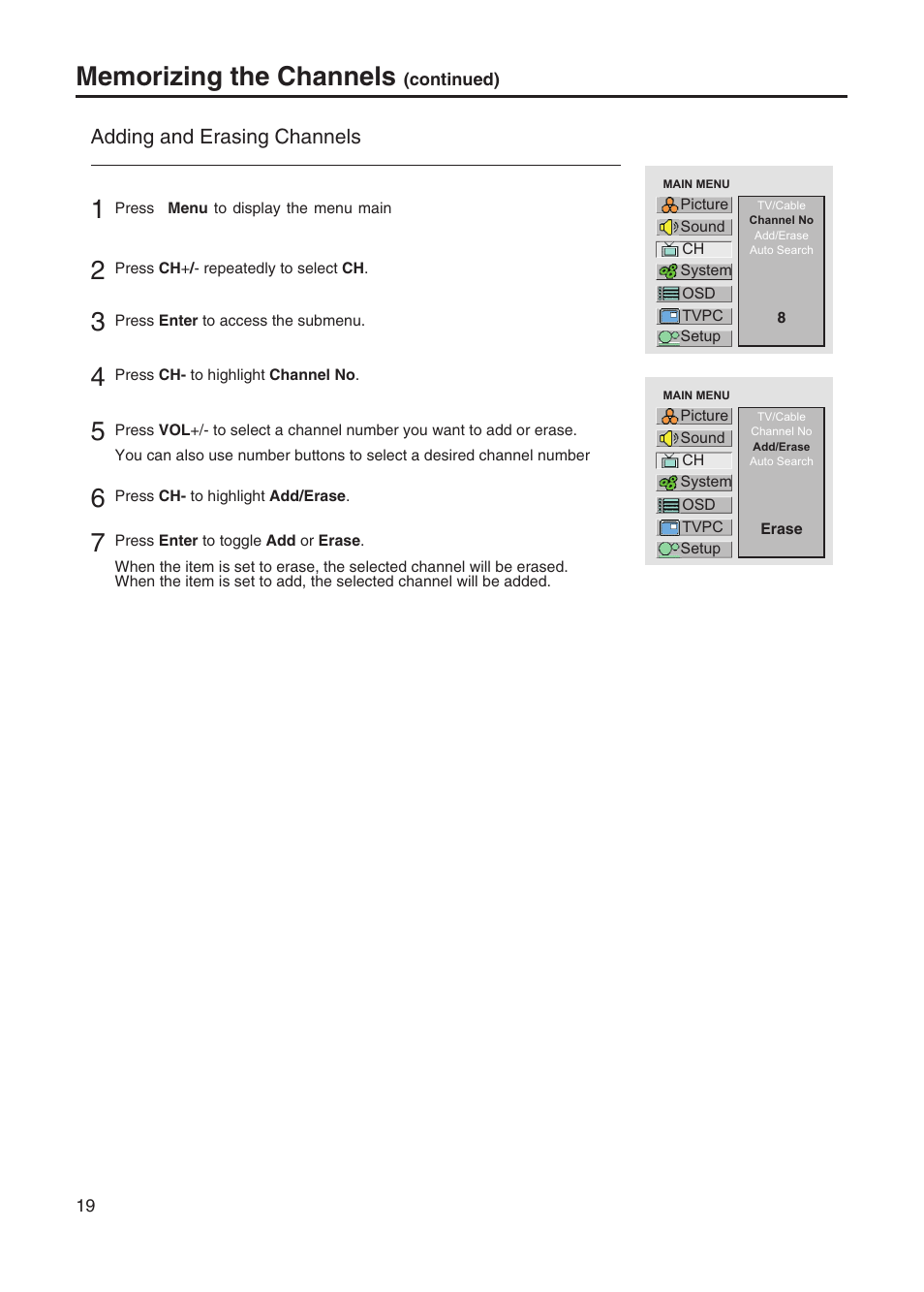 Adding and erasing channels | Sanyo AVL-328 User Manual | Page 22 / 44