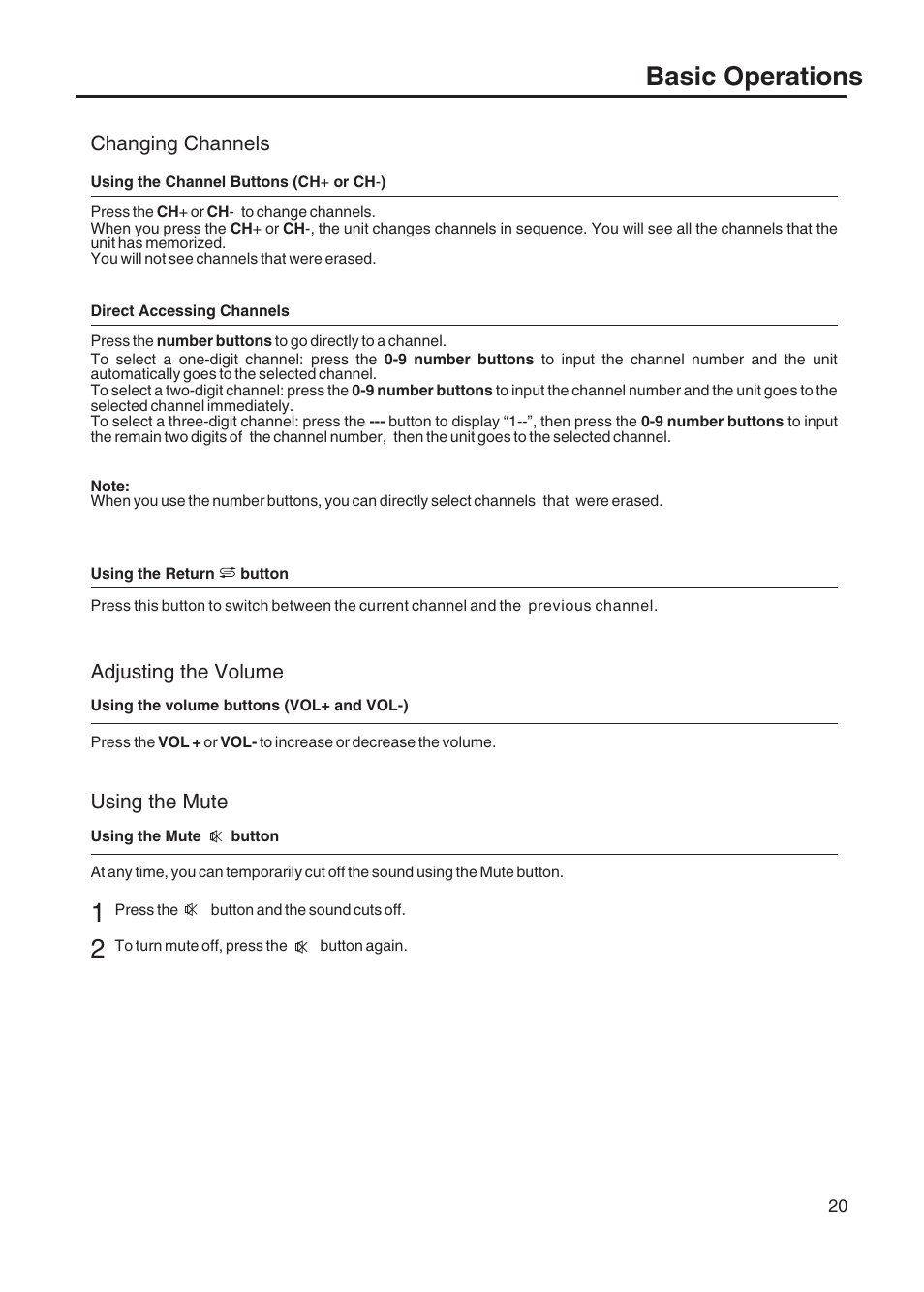 Basic operations, Changing channels, Adjusting the volume using the mute | Sanyo AVL-328 User Manual | Page 23 / 44