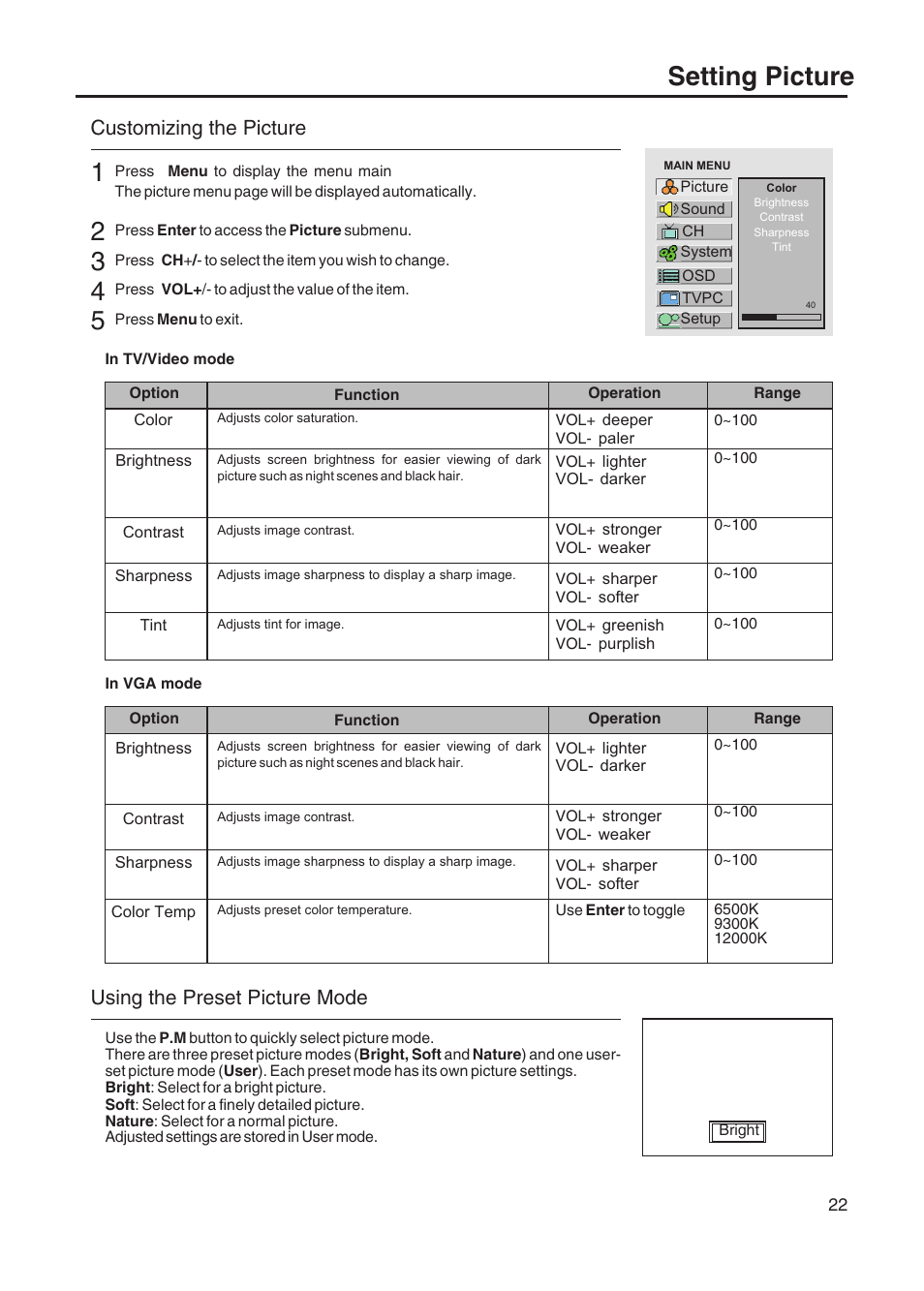 Setting picture, Customizing the picture, Using the preset picture mode | Sanyo AVL-328 User Manual | Page 25 / 44