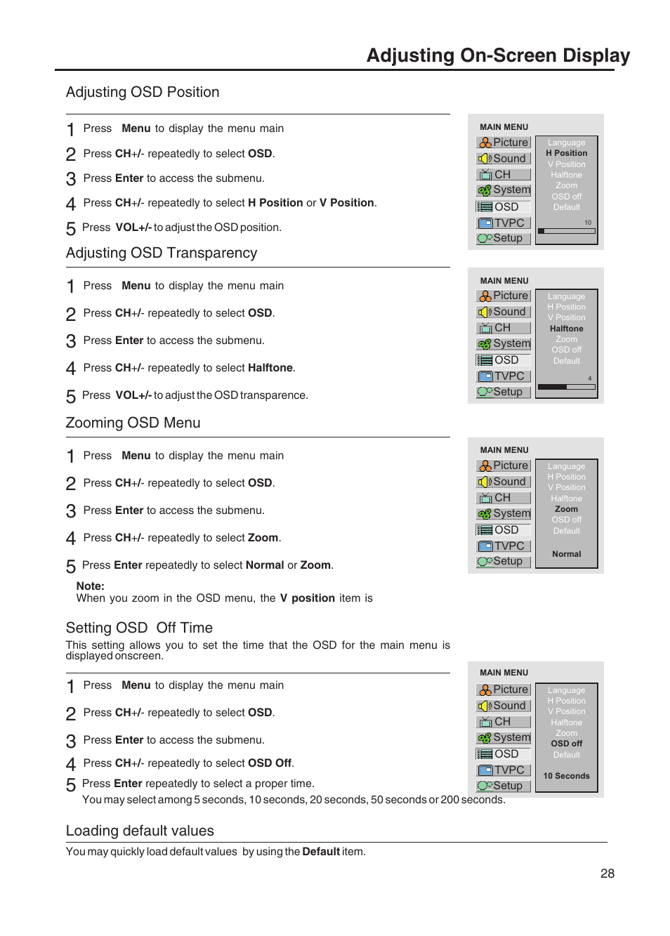 Adjusting on-screen display, Adjusting osd position, Adjusting osd transparency | Zooming osd menu, Setting osd off time, Loading default values | Sanyo AVL-328 User Manual | Page 31 / 44