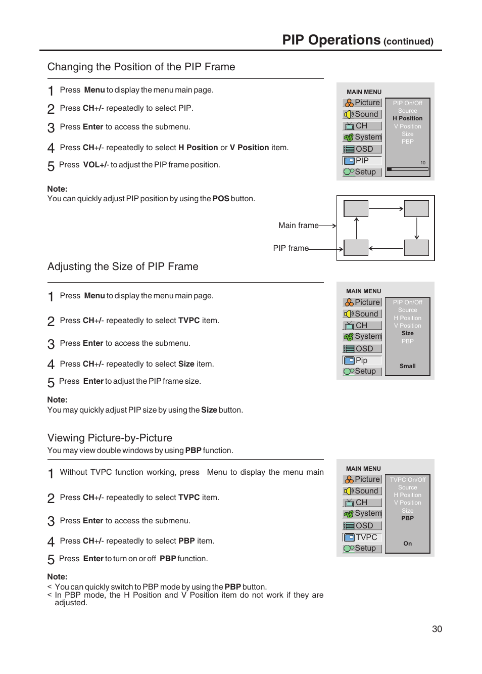 Pip operations, Changing the position of the pip frame, Adjusting the size of pip frame | Viewing picture-by-picture | Sanyo AVL-328 User Manual | Page 33 / 44
