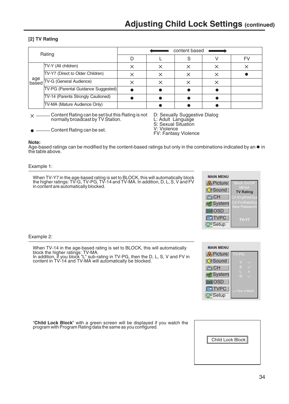 Adjusting child lock settings, Continued) | Sanyo AVL-328 User Manual | Page 37 / 44