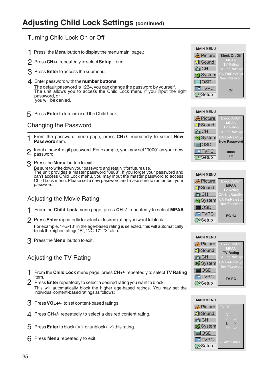 Adjusting child lock settings, Turning child lock on or off, Changing the password | Adjusting the movie rating, Adjusting the tv rating | Sanyo AVL-328 User Manual | Page 38 / 44