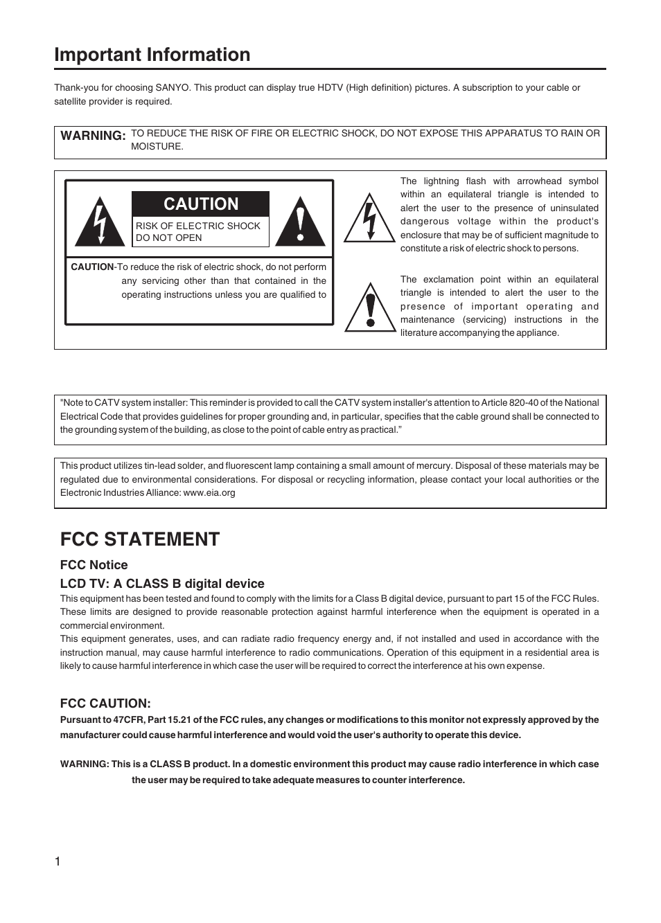 Important information, Fcc statement, Caution | Sanyo AVL-328 User Manual | Page 4 / 44