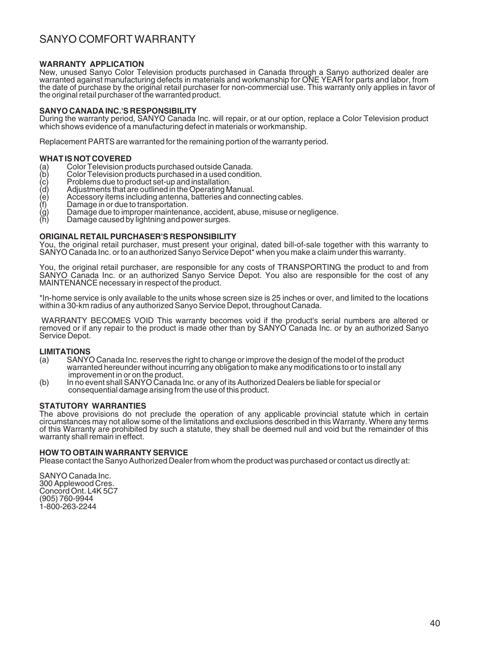 Sanyo comfort warranty | Sanyo AVL-328 User Manual | Page 43 / 44