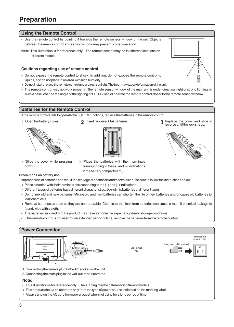 Preparation, Using the remote control, Batteries for the remote control | 5power connection | Sanyo AVL-328 User Manual | Page 8 / 44