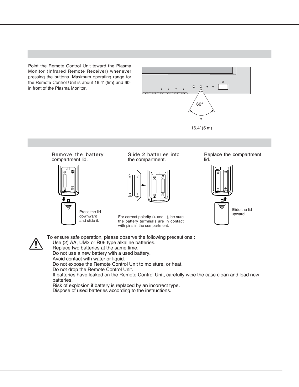 Before operation, Remote control batteries installation, Operating range | Sanyo PDP42H2A User Manual | Page 17 / 44