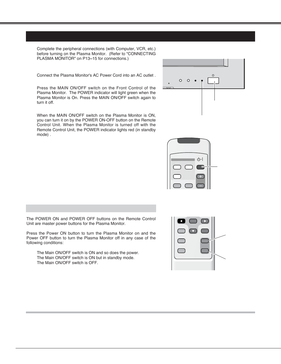 18 basic operation, Turning on / off plasma monitor, Power on/off buttons | Sanyo PDP42H2A User Manual | Page 18 / 44