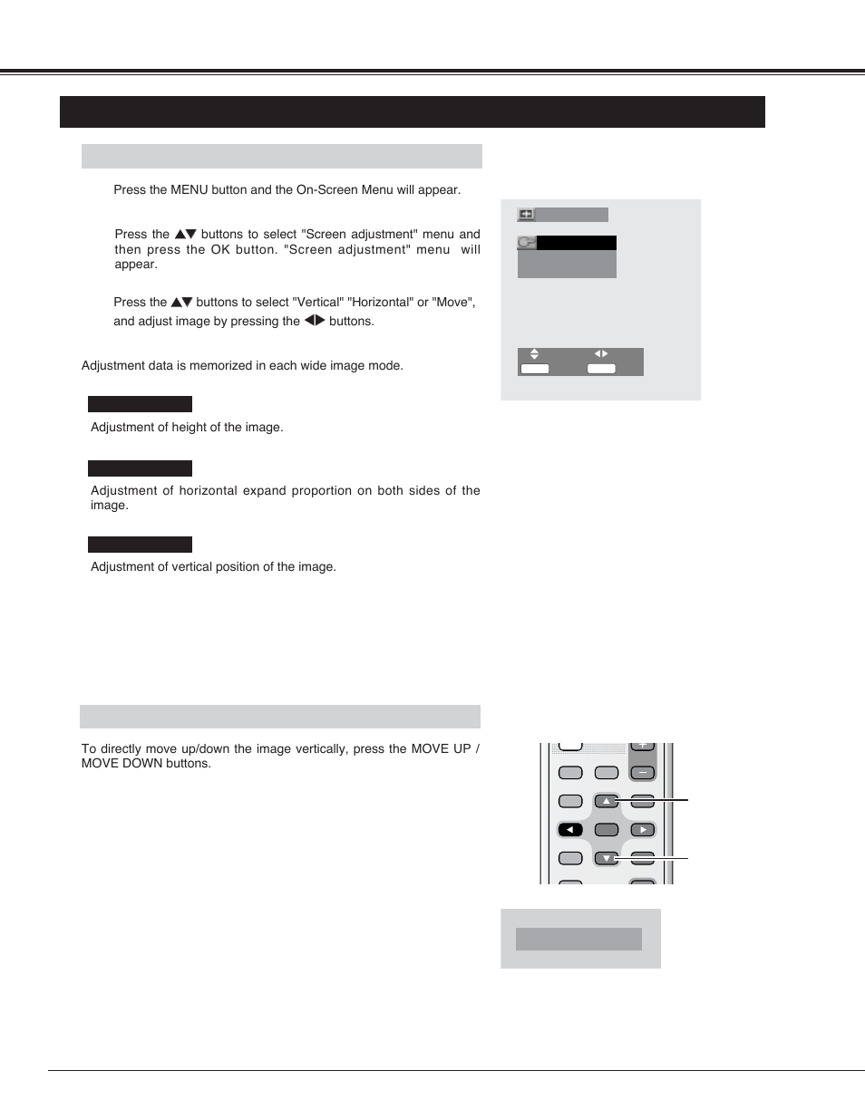 Screen adjustment, Basic operation adjusting wide image, Up/down picture | Move +3 | Sanyo PDP42H2A User Manual | Page 28 / 44
