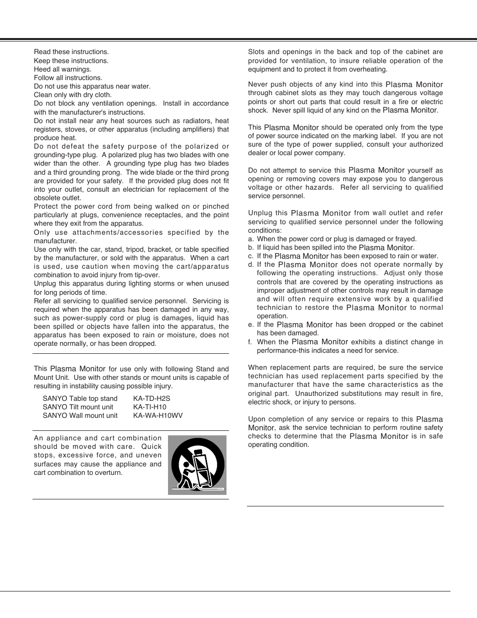 3important safety instructions | Sanyo PDP42H2A User Manual | Page 3 / 44