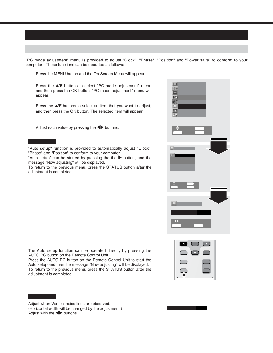 Pc adjustment, Pc mode adjustment, Computer mode | Pc mode adjustment menu, Direct operation | Sanyo PDP42H2A User Manual | Page 30 / 44