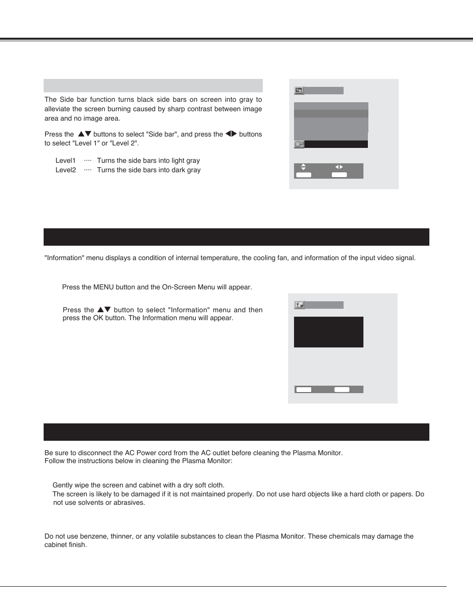 Cleaning the plasma monitor, Information menu, Setting | Side bar, Caution | Sanyo PDP42H2A User Manual | Page 37 / 44