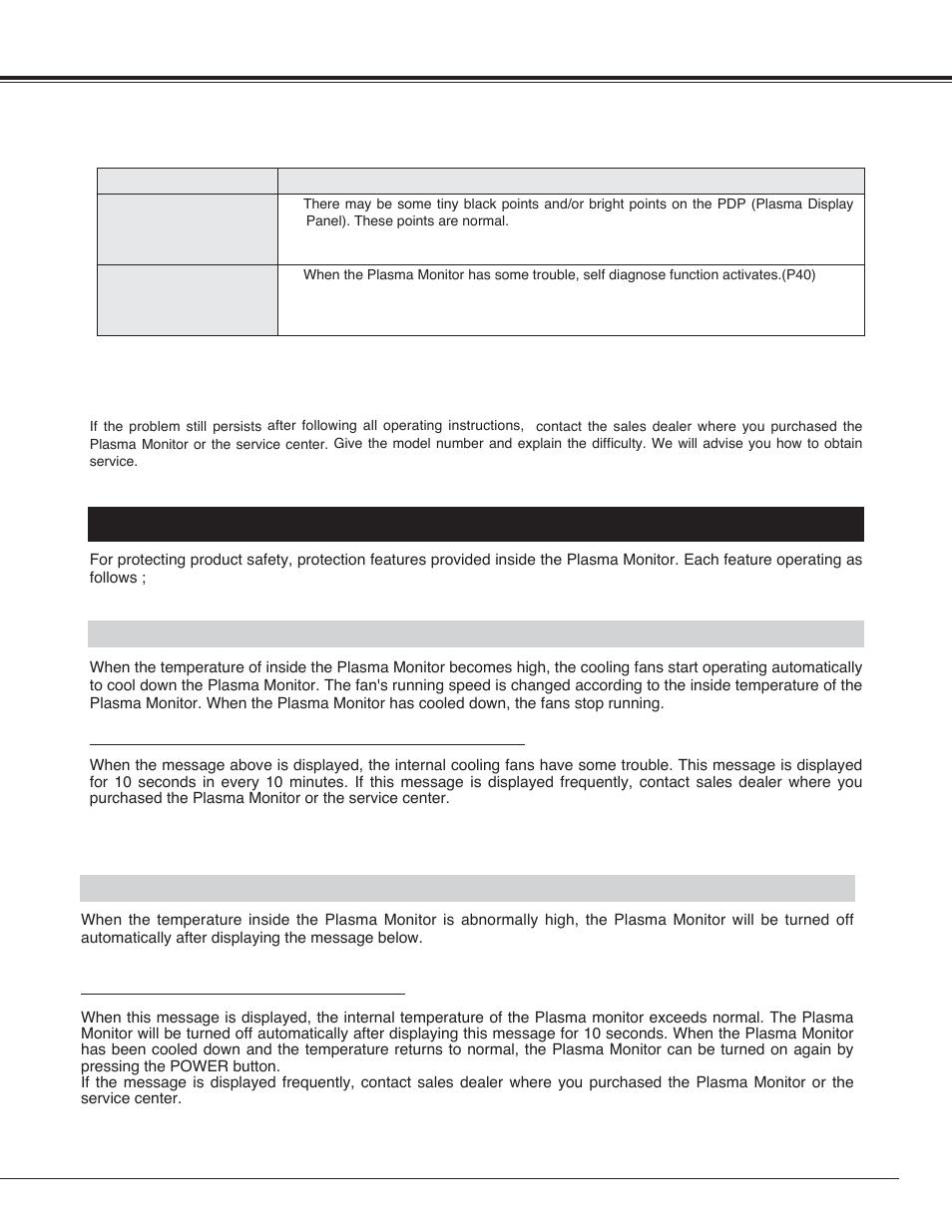 Functions of product safety features, Appendix, Cooling fan | Internal temperature monitor | Sanyo PDP42H2A User Manual | Page 39 / 44