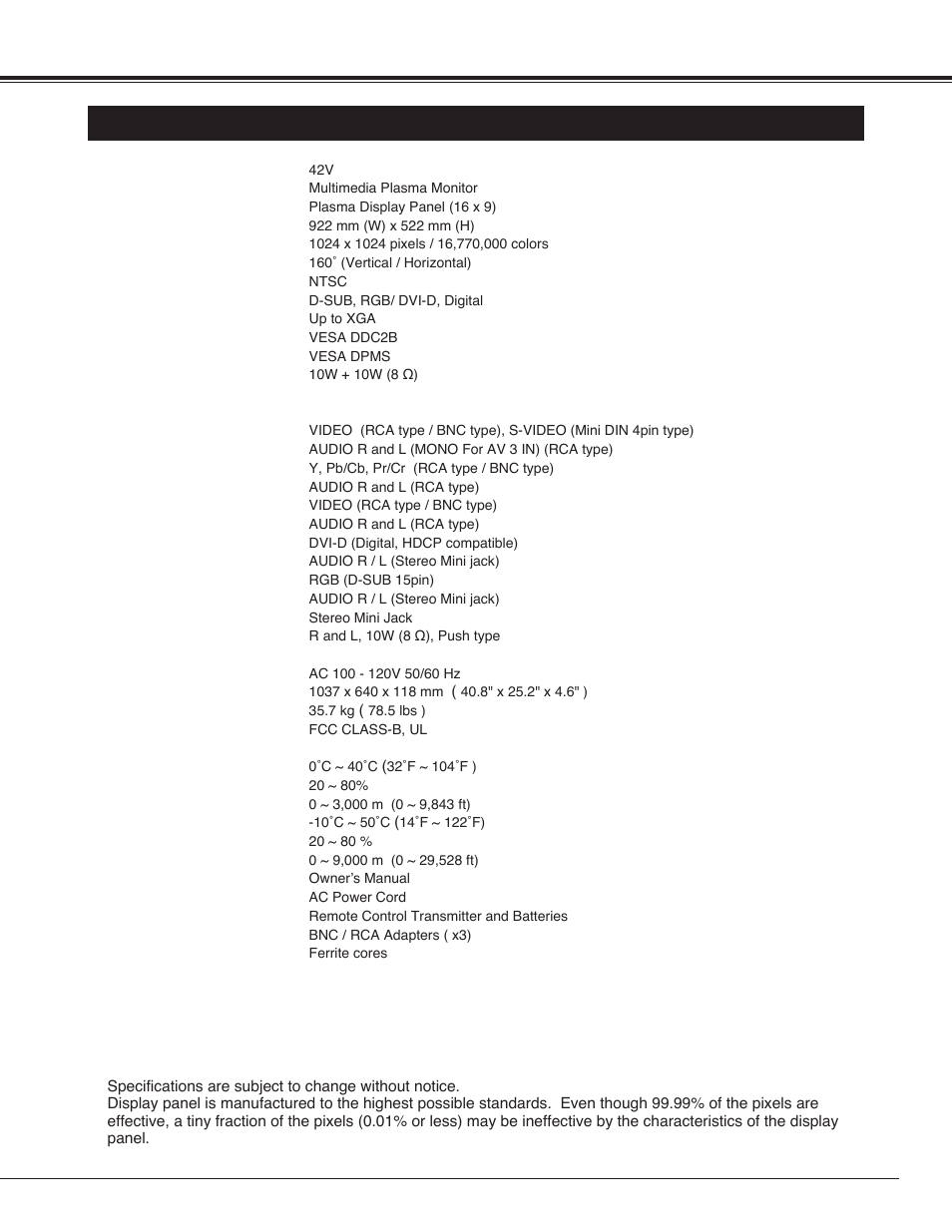 Technical specifications, Appendix | Sanyo PDP42H2A User Manual | Page 41 / 44