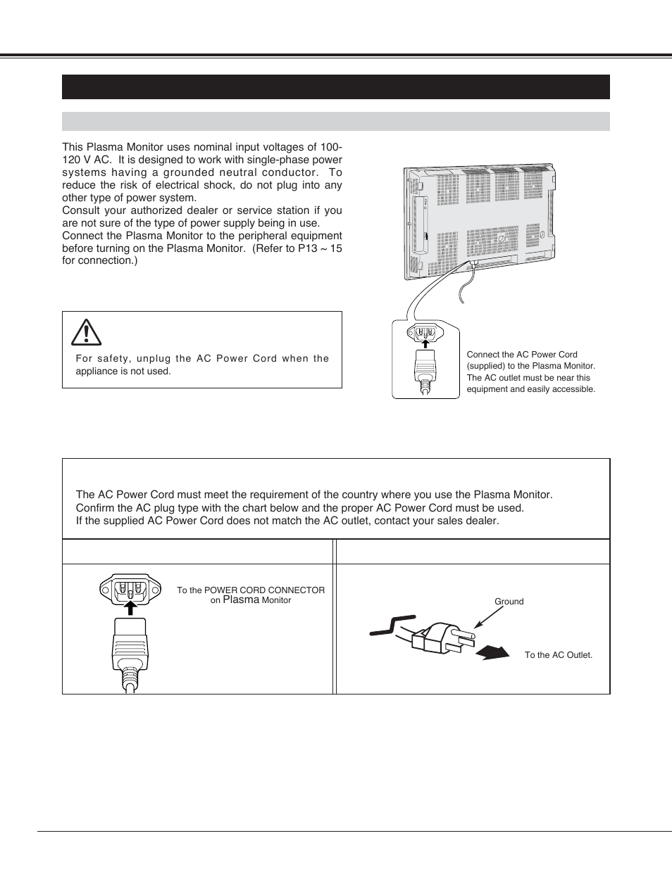 Setting-up plasma monitor, Preparation, Connecting ac power cord | Plasma monitor side ac outlet side | Sanyo PDP42H2A User Manual | Page 8 / 44