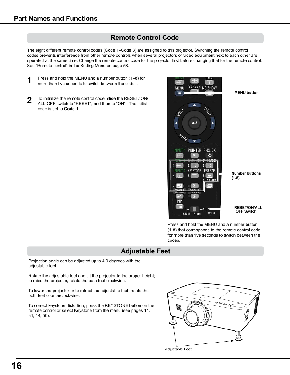 Remote control code, Adjustable feet, Part names and functions remote control code | Sanyo PJLINK PLC-WM4500 User Manual | Page 16 / 91