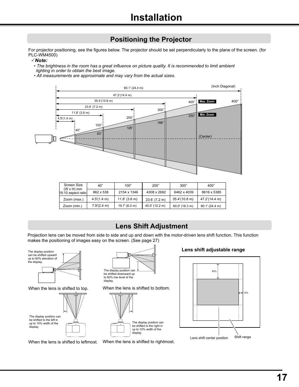 Installation, Positioning the projector, Lens shift adjustment | 17 installation, Positioning the projector lens shift adjustment | Sanyo PJLINK PLC-WM4500 User Manual | Page 17 / 91