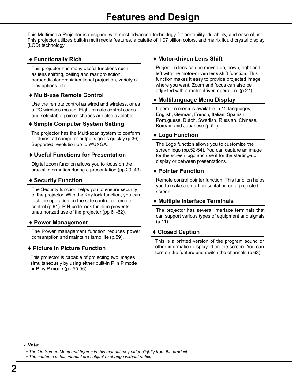 Features and design | Sanyo PJLINK PLC-WM4500 User Manual | Page 2 / 91