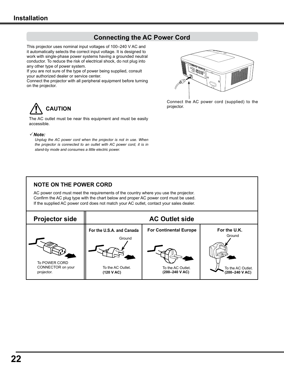 Connecting the ac power cord, Installation, Projector side ac outlet side | Sanyo PJLINK PLC-WM4500 User Manual | Page 22 / 91