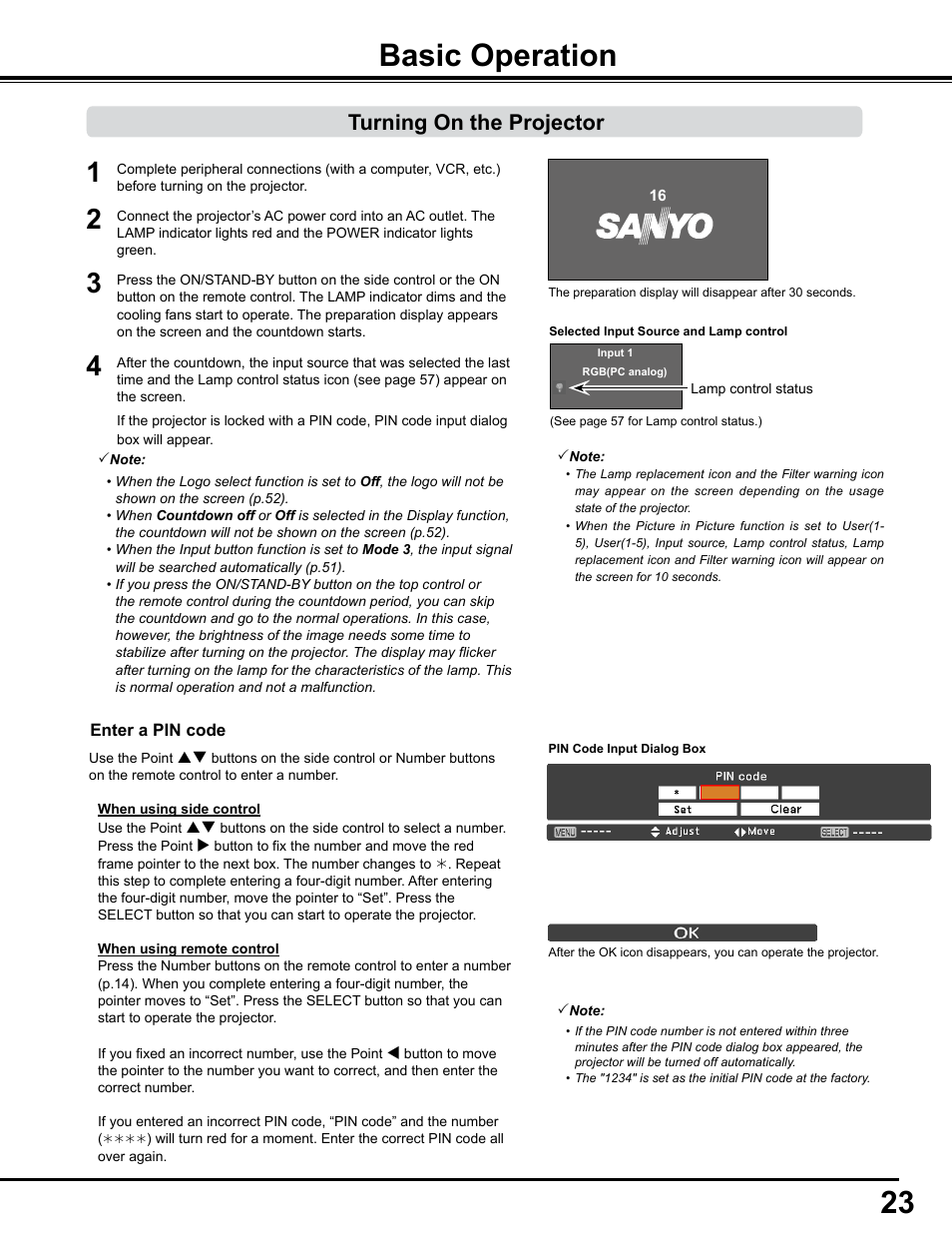 Basic operation, Turning on the projector | Sanyo PJLINK PLC-WM4500 User Manual | Page 23 / 91