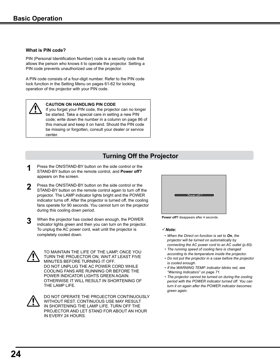 Turning off the projector, Basic operation | Sanyo PJLINK PLC-WM4500 User Manual | Page 24 / 91