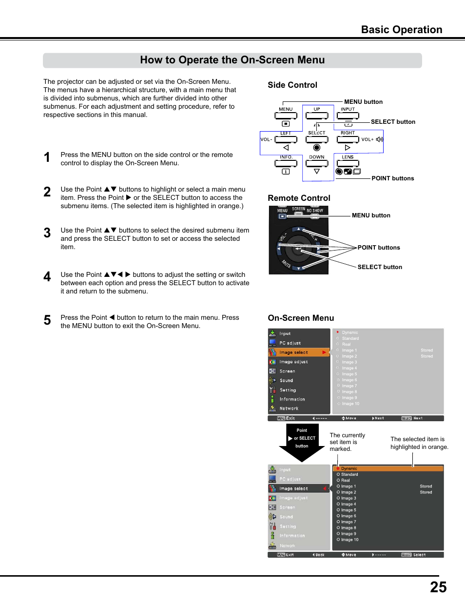 How to operate the on-screen menu, Basic operation | Sanyo PJLINK PLC-WM4500 User Manual | Page 25 / 91