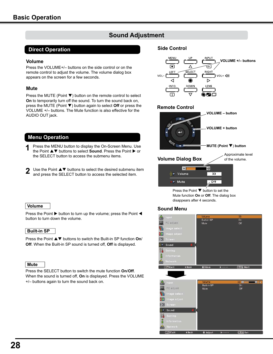 Sound adjustment, Basic operation | Sanyo PJLINK PLC-WM4500 User Manual | Page 28 / 91