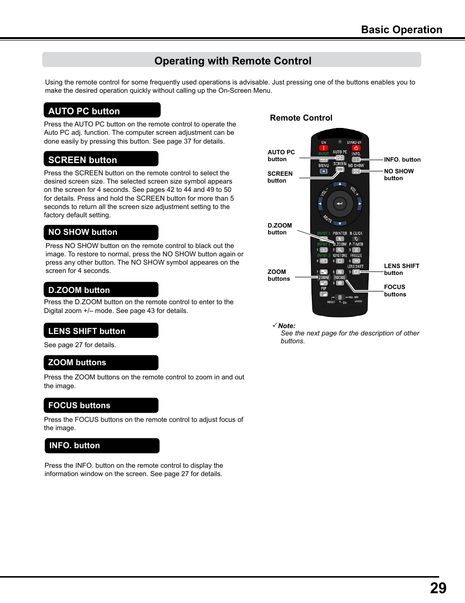 Operating with remote control, Basic operation | Sanyo PJLINK PLC-WM4500 User Manual | Page 29 / 91