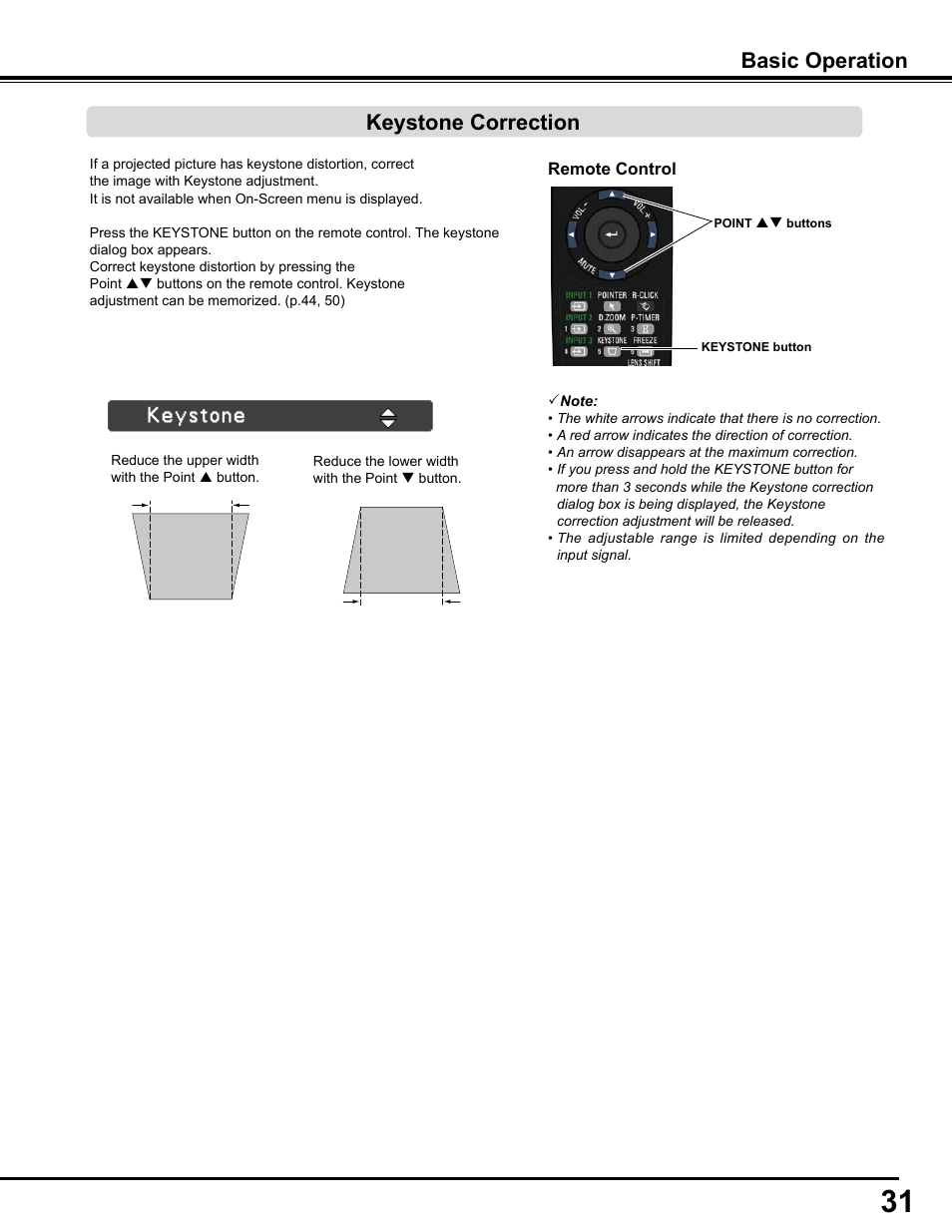 Keystone correction, Basic operation | Sanyo PJLINK PLC-WM4500 User Manual | Page 31 / 91