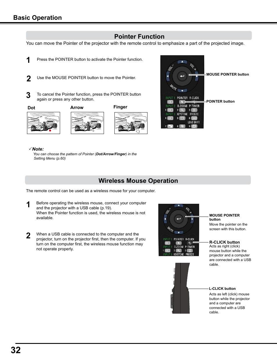 Pointer function, Wireless mouse operation | Sanyo PJLINK PLC-WM4500 User Manual | Page 32 / 91