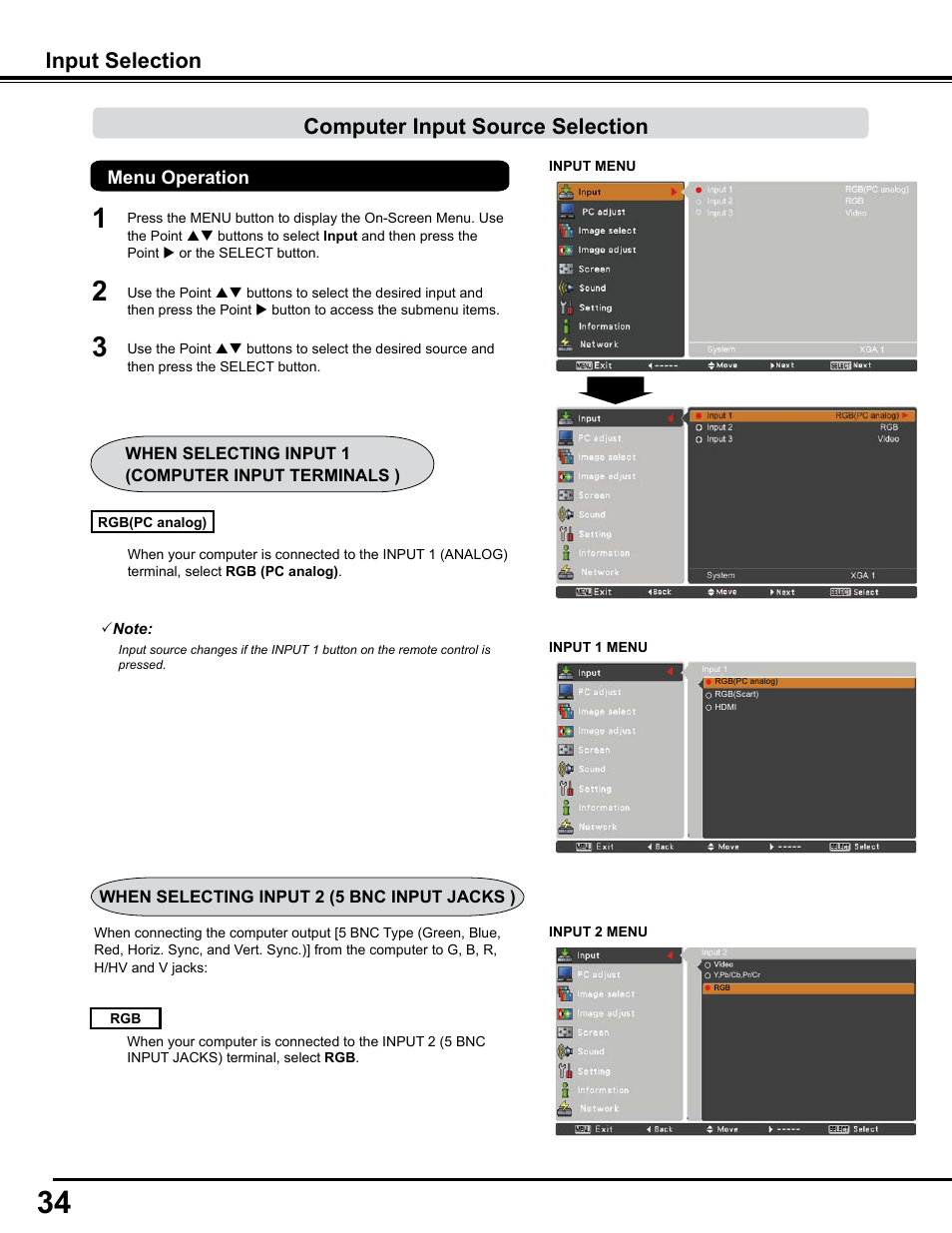 Computer input source selection, Input selection | Sanyo PJLINK PLC-WM4500 User Manual | Page 34 / 91