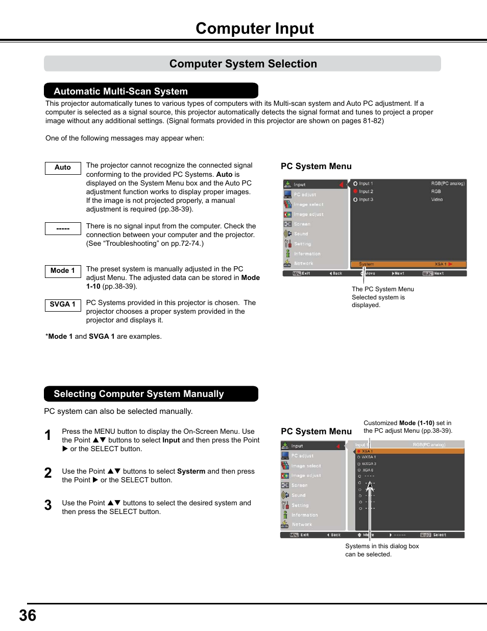 Computer input, Computer system selection, 6 computer input | Sanyo PJLINK PLC-WM4500 User Manual | Page 36 / 91