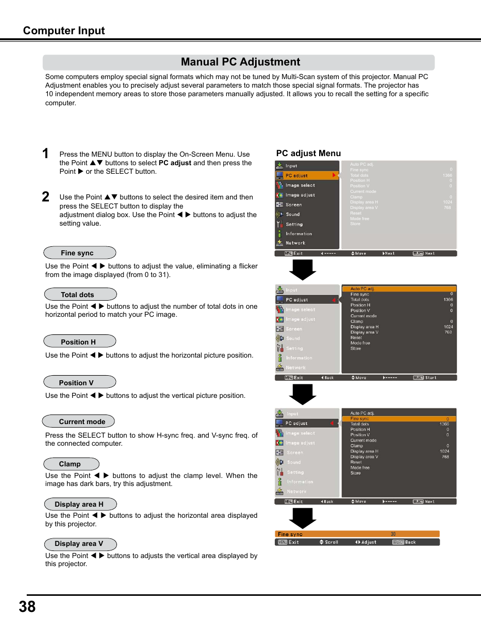 Manual pc adjustment, Computer input | Sanyo PJLINK PLC-WM4500 User Manual | Page 38 / 91
