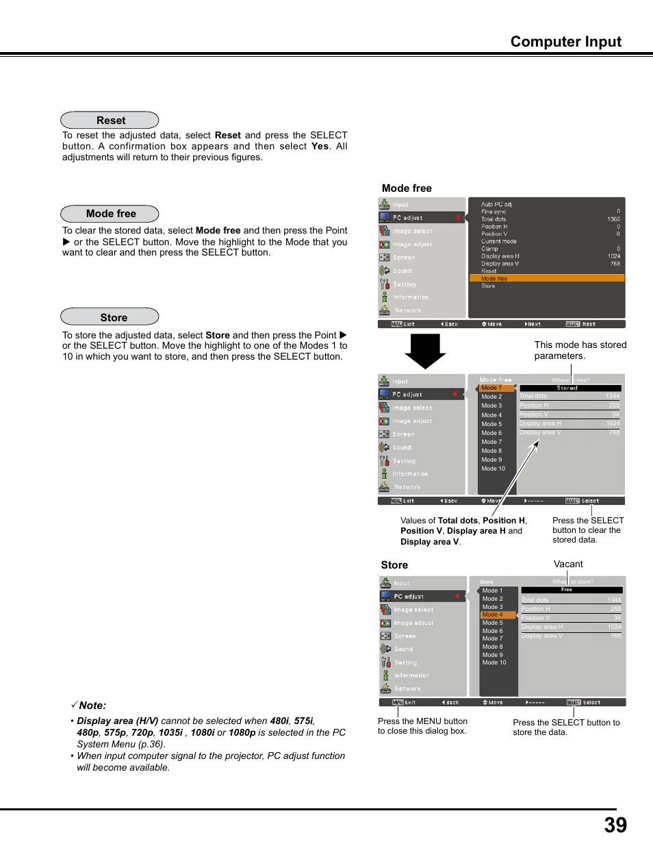 Computer input | Sanyo PJLINK PLC-WM4500 User Manual | Page 39 / 91