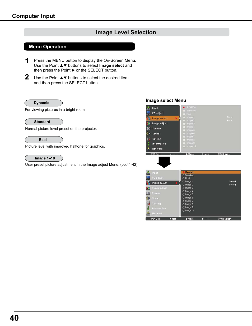 Image level selection, Computer input | Sanyo PJLINK PLC-WM4500 User Manual | Page 40 / 91