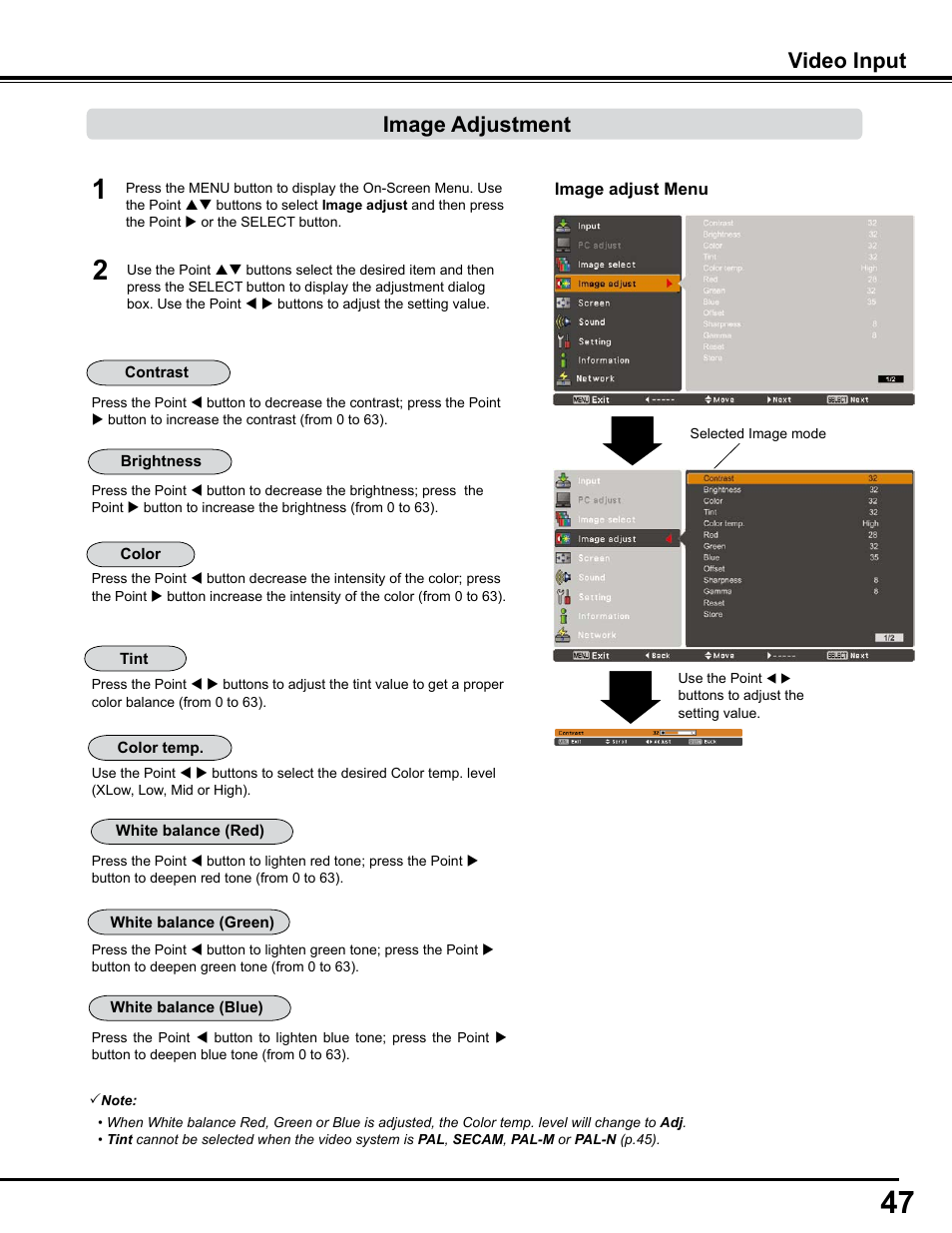 Image adjustment, Video input image adjustment | Sanyo PJLINK PLC-WM4500 User Manual | Page 47 / 91