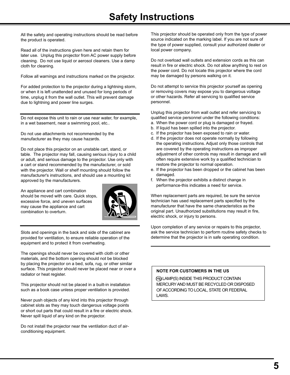 Safety instructions | Sanyo PJLINK PLC-WM4500 User Manual | Page 5 / 91