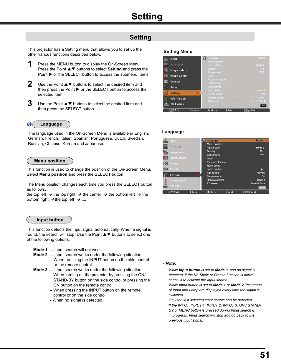 Setting, 51 setting | Sanyo PJLINK PLC-WM4500 User Manual | Page 51 / 91