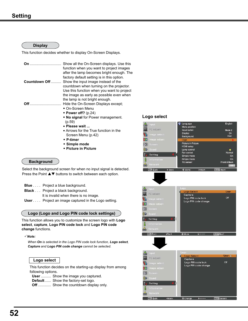 Setting | Sanyo PJLINK PLC-WM4500 User Manual | Page 52 / 91