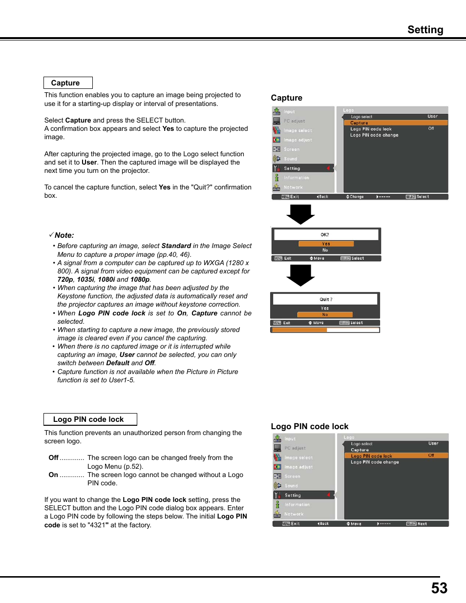 Setting | Sanyo PJLINK PLC-WM4500 User Manual | Page 53 / 91