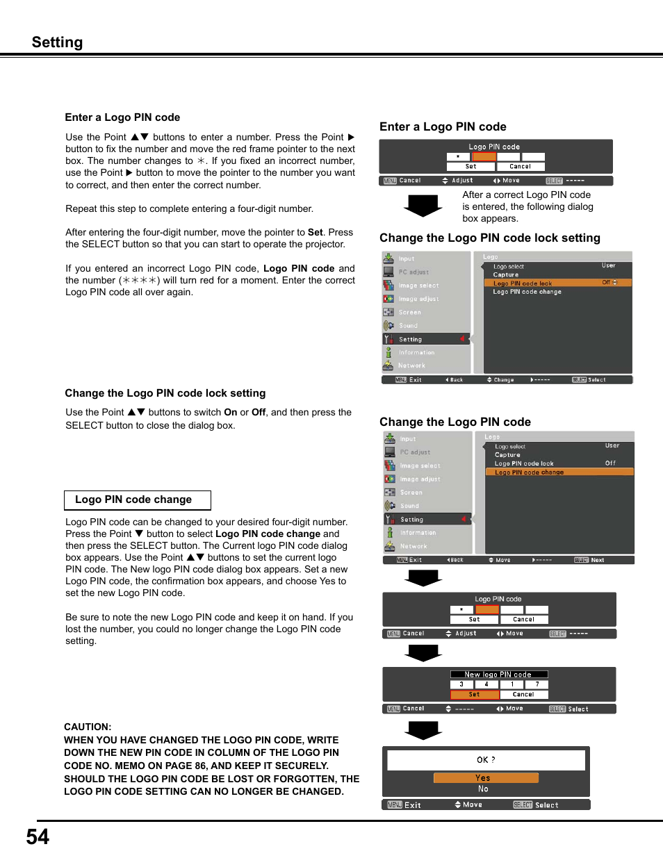 Setting | Sanyo PJLINK PLC-WM4500 User Manual | Page 54 / 91