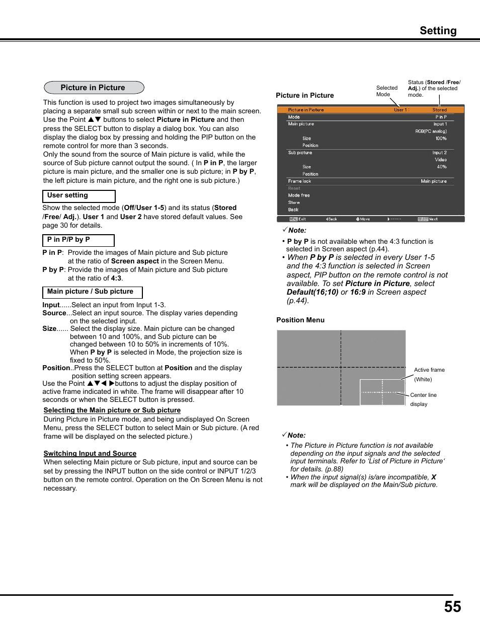 Setting | Sanyo PJLINK PLC-WM4500 User Manual | Page 55 / 91