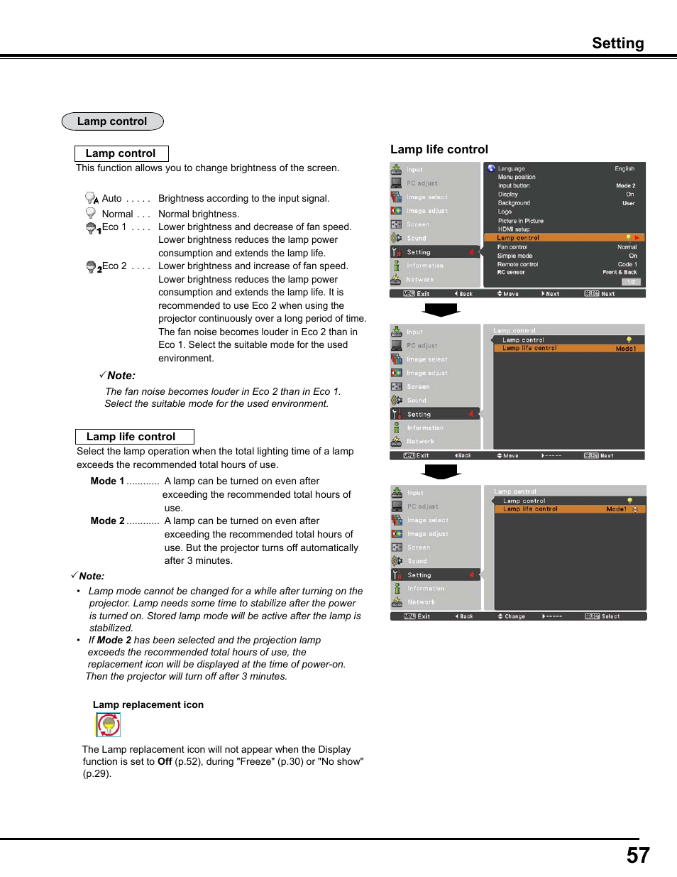 Setting | Sanyo PJLINK PLC-WM4500 User Manual | Page 57 / 91